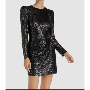 AQUA Black and Metallic Puff Sleeve Leopard Mini Dress - S